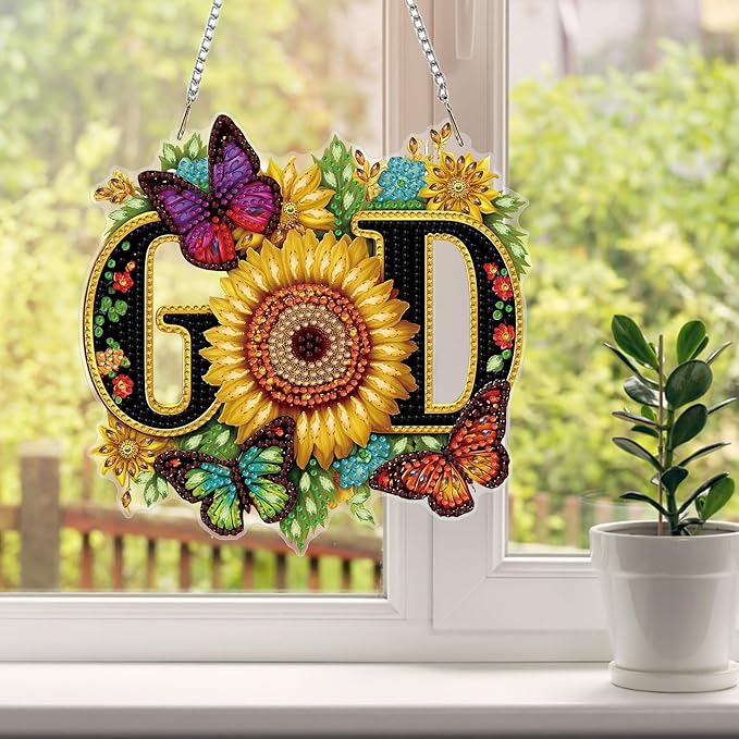 HEIBAGO God Diamond Art Hanging Kits for Adults, Butterfly Diamond Art Suncatchers, 5D Special Shape Diamond Painting Pendant, DIY Window Ornament Gifts for Home Garden Door Wall Decor 8.3x8.3 in