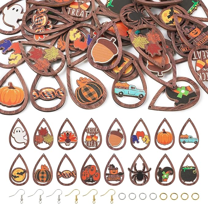 Beadthoven 16 Pairs DIY Halloween Wood Dangle Earrings Making Starter Kit Fall Harvest Wood Pendants Thanksgiving Hollow Teardrop Charms Ornaments Earring Hooks Jump Rings for Jewelry Making Adult