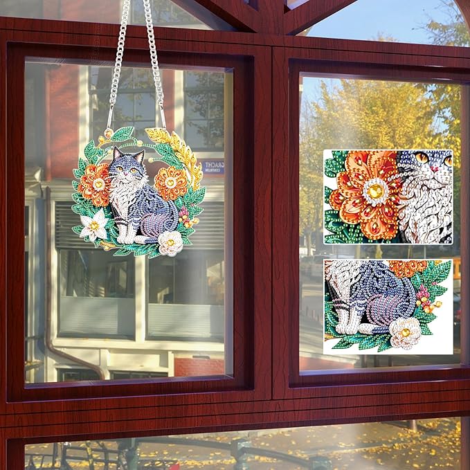 Flower Birdcage Design DIY Diamond Art Painting Wreath Kits Special Shaped Rhinestone Diamond Art Window Pendants Home Garden Wall Hanging Kits (Single Side Point Drill) (#11-Cat) (#13-Cat)