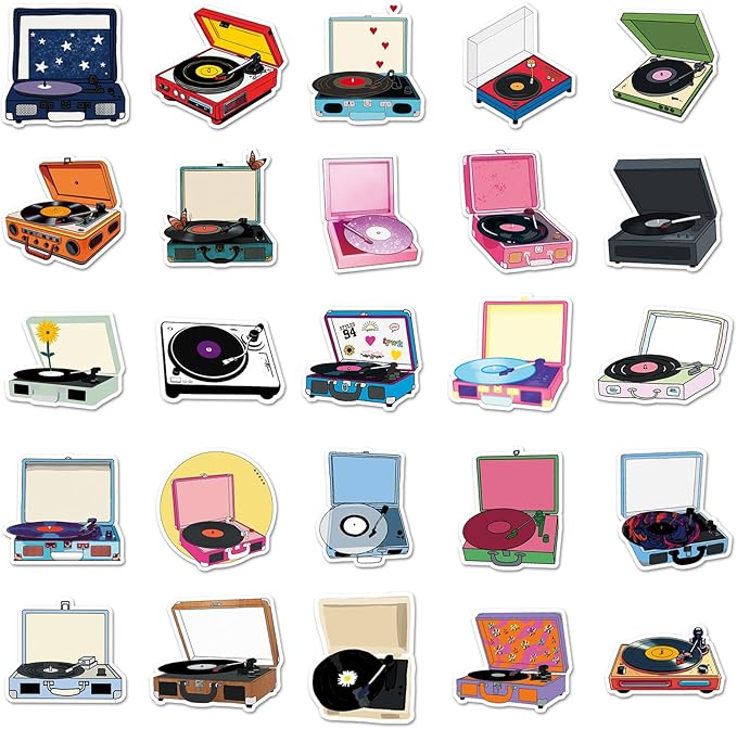 Retro Record Player Stickers for Scrapbooking,50 Pcs Vintage Vinyl Player Decals, Waterproof Vinyl Stickers for Journals, Laptops, Home Decor, Ideal for Music Lovers Adults(Record Player)