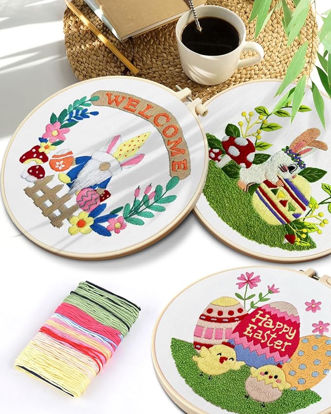 TINDTOP 3 Pack Embroidery Kit for Adult, Embroidery Stitch Practice kit Include Embroidery Cloth Hoops Threads Hand Stitch for Craft Lover