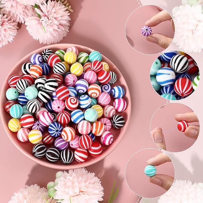 Ferreve 120 Pcs 15mm Silicone Beads Bulk Silicone Beads Print Rubber DIY Bracelet Making Kit for Keychain Making Pens Necklace Jewelry (Striped)