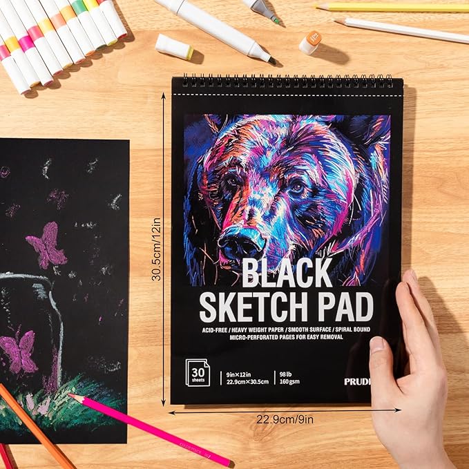 30 Sheets Black Paper Sketchbook, 98lb/160gsm Heavyweight Black Sketch Pad 9×12in, Acid-Free Drawing Paper, Spiral Bound Sketch Book for Kids, Teens, Artist