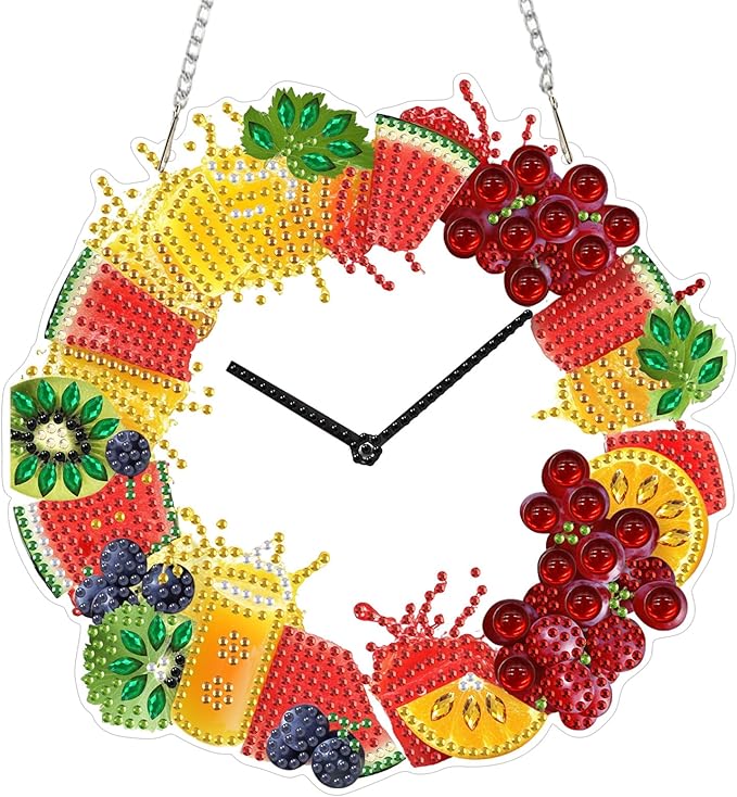 Lxmsja DIY Fruit Clock Diamond Painting Hanging Ornament, Double-Sided Acrylic Orange Juice Diamond Art Kit, Special Shaped Suncatcher Hanging Pendant Window Art Kit 8x8 inch