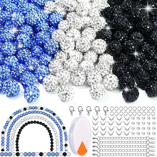Dowarm 255PCS 10mm Rhinestone Beads for Baseball Rhinestone Necklace Bracelet Jewelry Making, Round Polymer Clay Beads for Crafts Beaded Pen, Shamballa Pave Diamond Bead, Ice Blue|White|Black