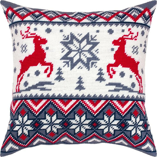 Brvsk Winter Stamped Cross-Stitch Kit for Adults and Beginners — Reindeer Pattern 16″ × 16″ with Clear, Precise Printed Design on Cotton Canvas; Includes 2 Needles, Yarn, and Easy-Read Chart