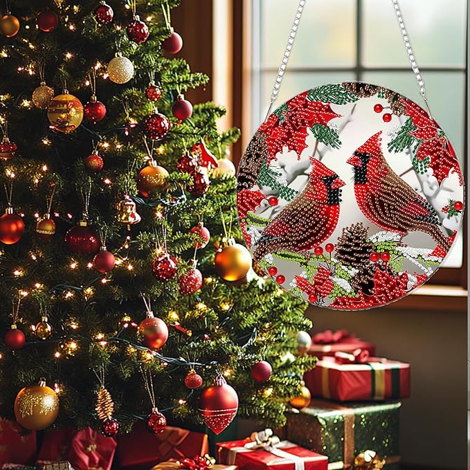 SENQAO Christmas Diamond Art Hanging Kits for Adults Kids, Christmas Cardinal Diamond Art Suncatchers, 5D Special Shape Diamond Painting Pendant Window Ornament Gifts for Home Door Wall Decor