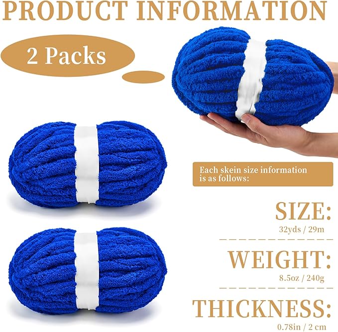 Chunky Chenille Yarn for Crocheting/Arm Knitting, Super Soft Jumbo Knit Blanket Yarn Purplish Blue 2 Pack (32 yds, 8.5 oz Each Pack)