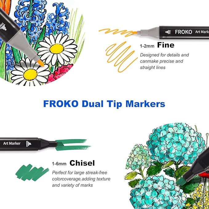 FROKO Alcohol Markers, 60 Colors Dual Tip Art Marker,Coloring Marker, markers for adult coloring books no bleeding