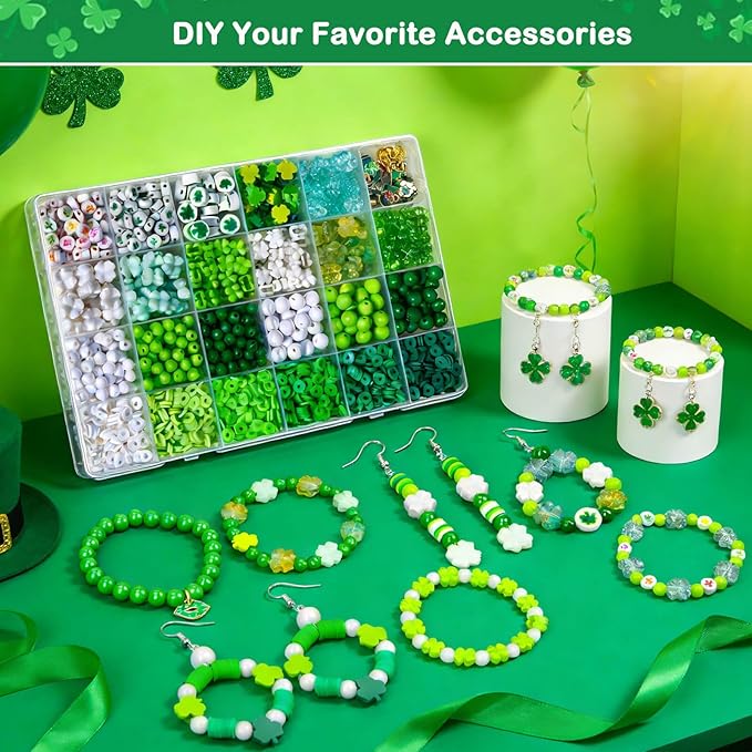 2050+Pcs St. Patricks Day Jewelry Making Kit – Irish Shamrock & Four Leaf Clover Charms Green Polymer Clay Heishi Acrylic Round Beads for DIY Bracelets Necklaces Earrings Craft - Party Favors & Gifts