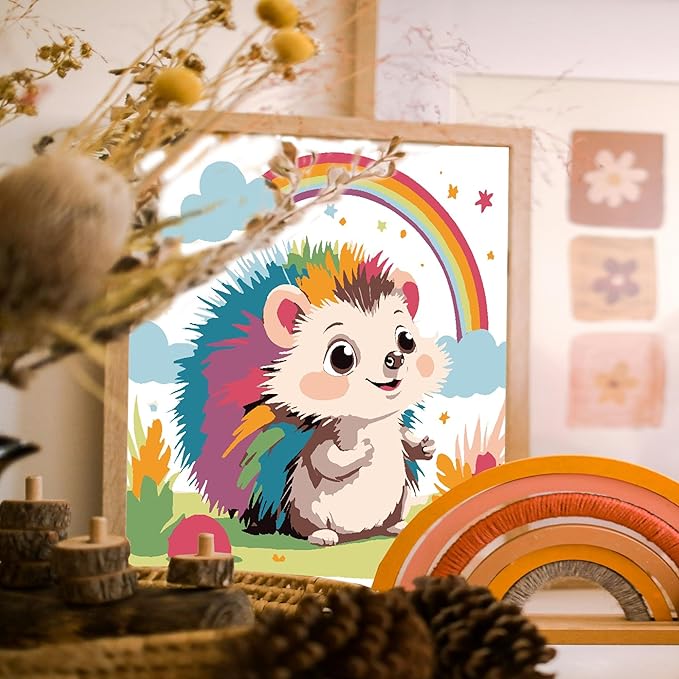 Gemozaic Hedgehog Paint by Numbers Kit for Kids with Frame and Easel, Paint by Numbers for Kids Ages 8-12, DIY Acrylic Oil Painting for Home Wall Decor, 8x8 Inch