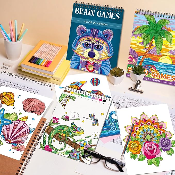 Color by Numbers Adult Coloring Books,3 Fun Coloring Books for Adult Relaxation,60 Pages of Flowers Nature Landscapes Animals,Brain Game for Adults