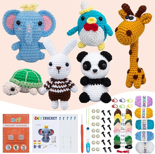 Crochet Animal Kit – 6 PCS Crochet Kit for Beginners, Knitting Kit with Step by Step Videos, Yarn, Crochet Hook, Knitting Kit for Beginners, Great Birthday Holiday Gift (Crochet 2)
