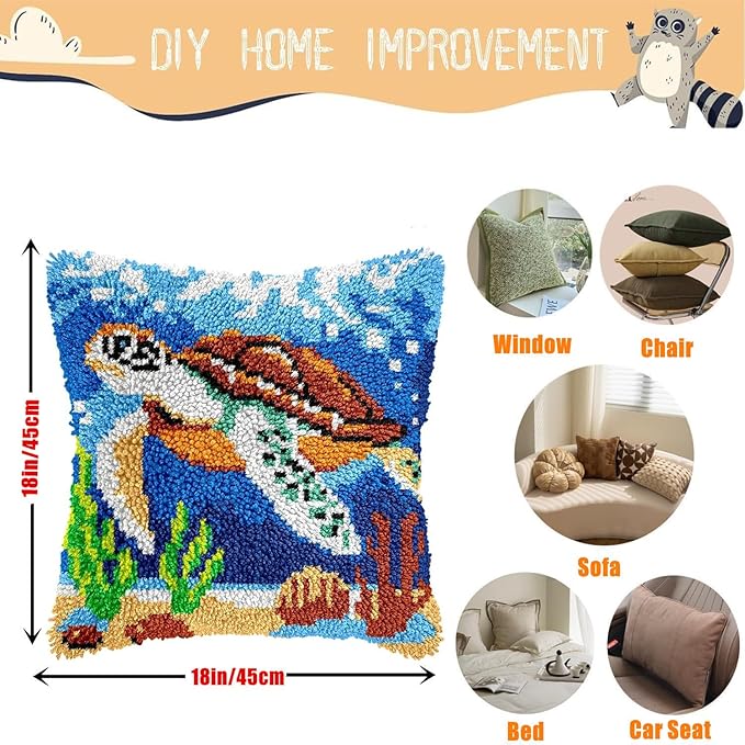 EMISTEM Latch Hook Kits for Adults - Latch Hook Pillow Kits, Crochet Yarn Kit for Beginners, Cross-Stitch Embroidery Cushion Cover Case with Printed Canvas. (Sea Turtle,17x17 inch)