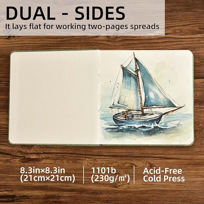 42 Sheets Watercolor Journal, 8.3x8.3in Watercolor Sketchbook with 140 lb/300 GSM Cold Press Cotton Paper, Mini Watercolor Notebook, Ideal for Painting, Drawing & Mixed Media