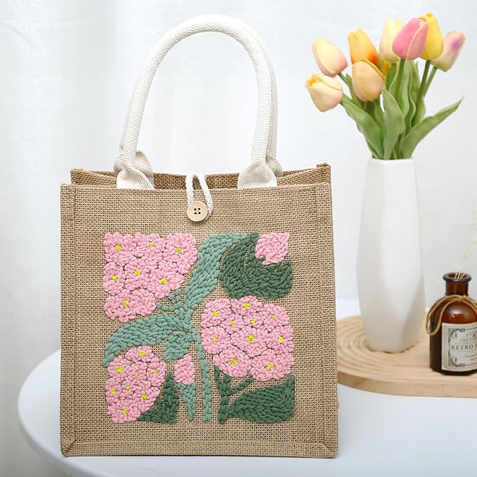 ERNTRNL Punch Needle Tote Bag Kit for Adults Beginner - DIY Punch Needle Embroidery Tote Bag Set, Punch Stitching Bags Kit with Instructions & Video Tutorial,Unique Pattern,Tools (Pink-Green)
