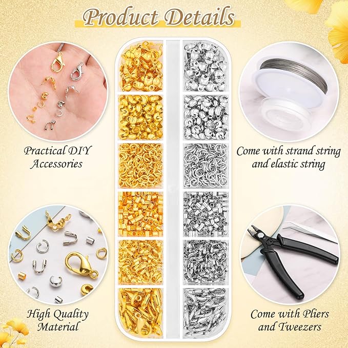 1200Pcs Crimp Beads Supplies for Jewelry Making, Including Crimp covers, Crimp Tubes, Bracelet Clasps and Closures, Crimp Ends, Jump Rings, Crimping Pliers and Beading Wire for Bracelets Making