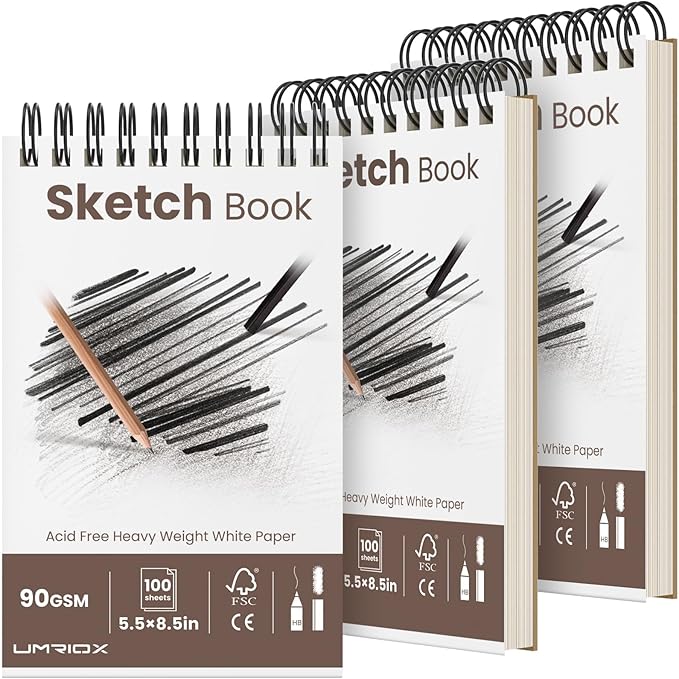 umriox small sketchbook 5.5"x8.5", 3-pack sketch pad (100 sheets each), top spiral bound sketchbook, acid-free drawing paper, art drawing pad for kids, beginners and students