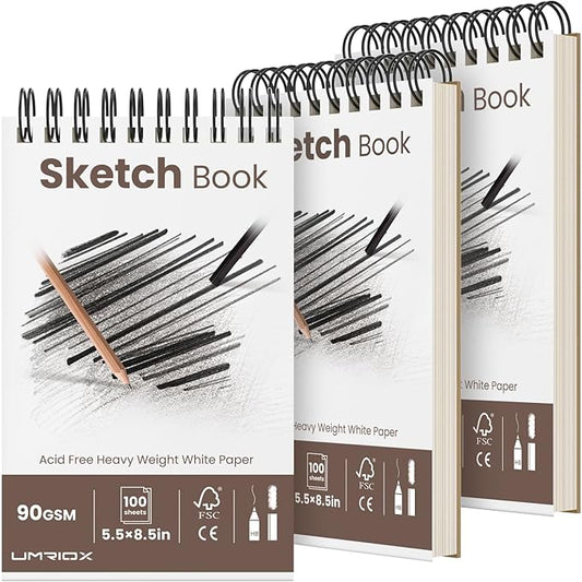 umriox small sketchbook 5.5"x8.5", 3-pack sketch pad (100 sheets each), top spiral bound sketchbook, acid-free drawing paper, art drawing pad for kids, beginners and students
