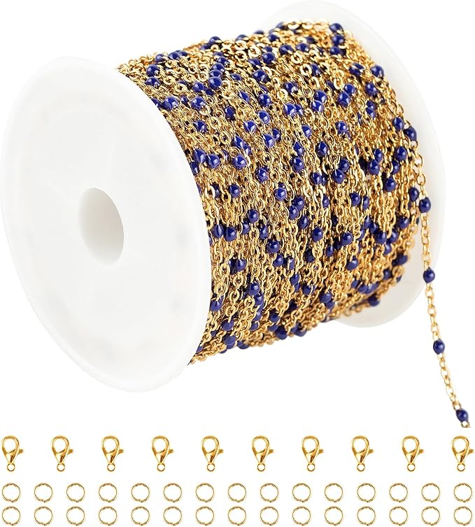 UMAOKANG Gold Plated Stainless Steel Jewelry Chains Bulk Cable Link Chain on Spool Royal Blue Enamel Bead Rosary Chain for Necklace Bracelet DIY Making Jewelry Supplies
