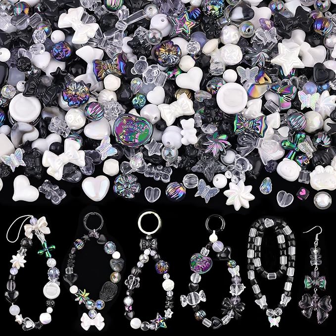 200-260pcs tinkrstuff assorted acrylic beads black cute beads for bracelet making, bow aesthetic gummybear flower candy butterfly kawaii charms for jewelry making diy necklace keychain phone charm