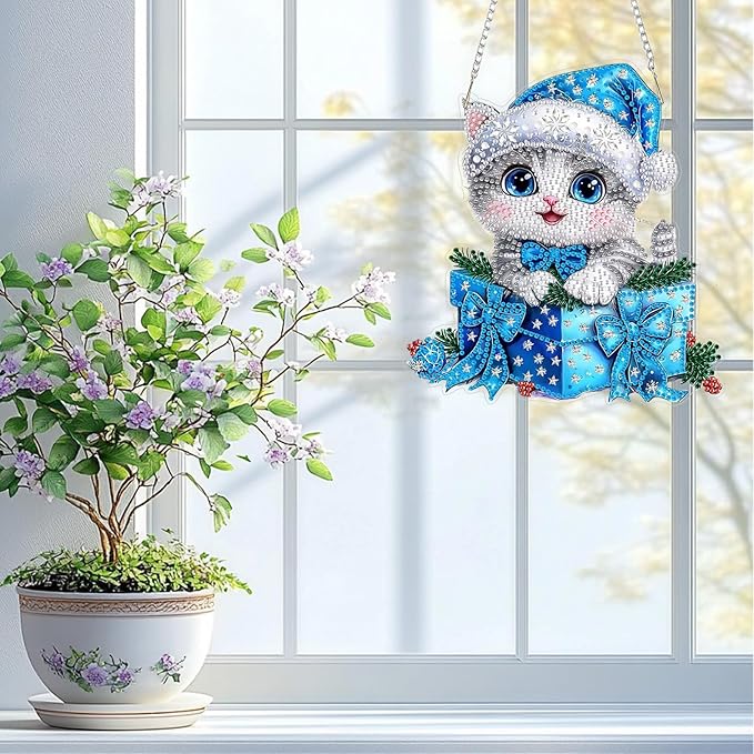 QENSPE Cute Cat Diamond Art Hanging Kits for Adults, 5D Special Shape Diamond Paingting Ornaments Kits with Chain, DIY Christmas Crystal Window Pendants for Home Wall Decor Double Sided 8X8 inch