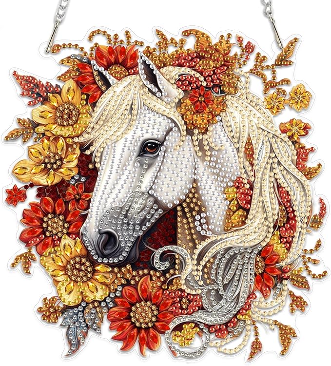 MEIYUDA Horse Diamond Painting Kits Hanging, DIY Flowers Horse Diamond Art Window Pendant for Adults, Special Shape Rhinestone Ornament, Crystal Gem Art Craft for Home Garden Wall Decor