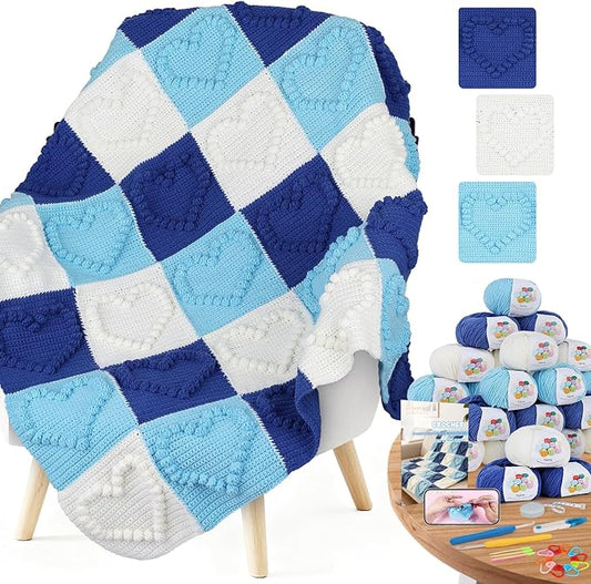 Coopay Crochet Blanket Kit for Beginners - 3D Love Granny Square Crochet Kit with Step-by-Step Video & Enough Yarns, Easy Bobble Blanket Crochet Kits for Adults, Ideal Gift for Craft Lovers (Blue)