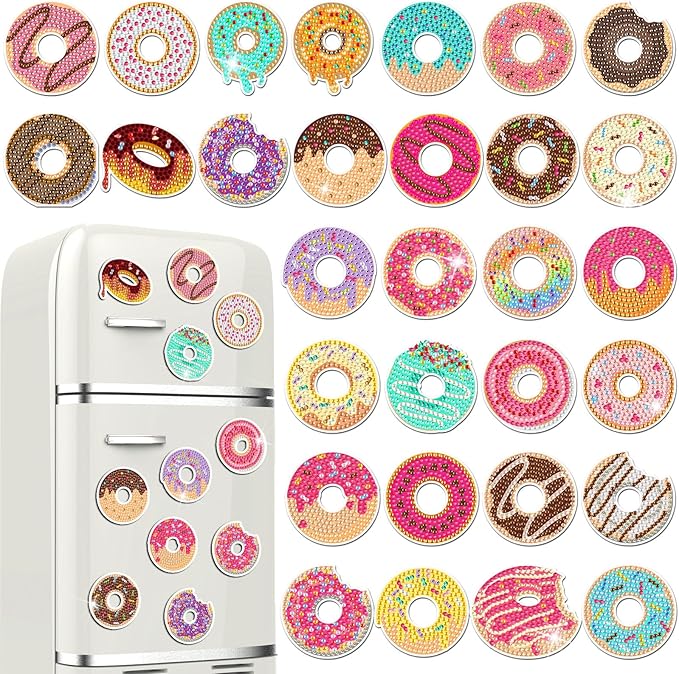 30 Pcs Diamond Art Painting Magnets Fridge Magnetic Diamond Art Painting Kits Fridge Sticker Magnet DIY Craft for Adult Beginner Gifts Toy Home Office Decors(Donut)