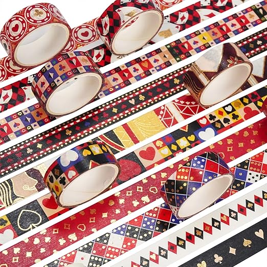 Poker Washi Tape Set 10 Rolls Playing Cards Patterns Gold Decorative Tapes for Journals, Planners, Scrapbooking, Gift Wrapping, DIY Crafts (Poker)