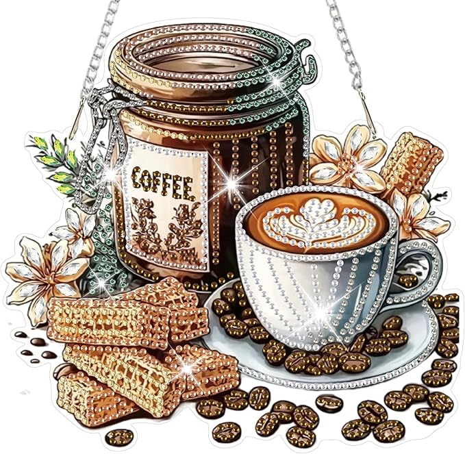 HEIBAGO Diamond Art Hanging Kits for Adults Kids, Hanging Diamond Art Fall, 5D Special Shaped Crystal Diamond Painting Kit Coffee, DIY Pattern Window Pendant for Home Wall Decor 8.3x8.3Inch
