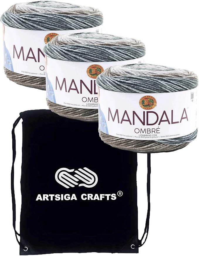 Lion Brand Mandala Ombre Cool 551-201 (3-Skeins - Same Dye Lot) Worsted Medium #4 Acrylic Yarn for Crocheting and Knitting with Project Bag