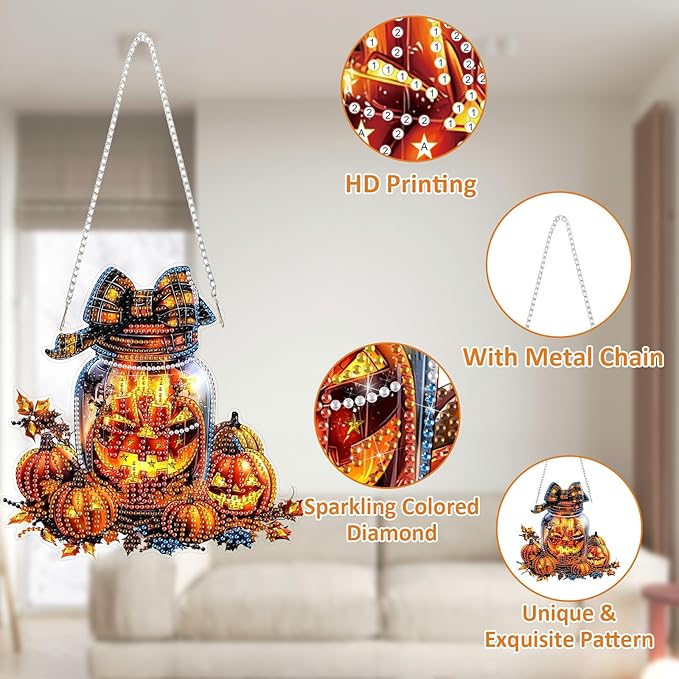 SENQAO Halloween Diamond Art Hanging Kits for Adults Beginners, DIY Acrylic 5D Special Shaped Crystal Diamond Gem Art Painting Hanging Ornament for Home Wall Decor and Gift（Pumpkin Bottle Lantern）