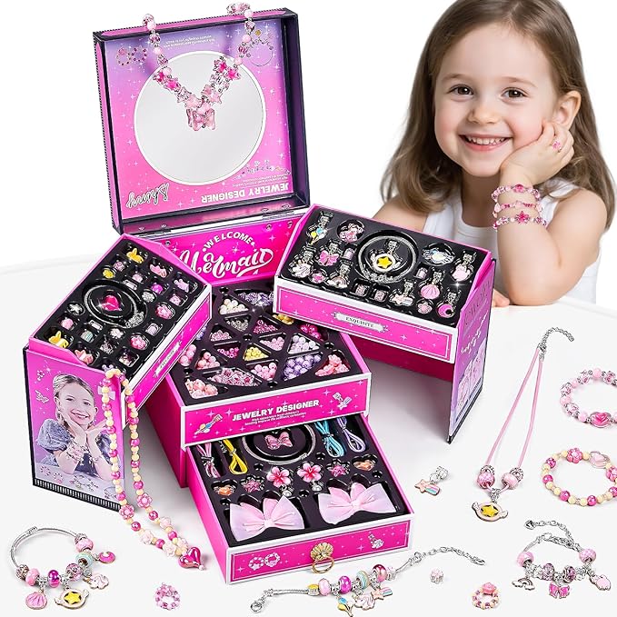 newbandmo jewelry making kit toys for girls 8-12, bracelet making kit for girls, diy craft kits for teen girl age 8 9 10, christmas birthday gifts for kids 8 10 11 12 year old girl (pink)