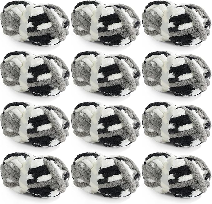 HOMBYS Chunky Tie Dye Mix Chenille Yarn for Hand Knitting, Super Bulky Jumbo Yarn for Crocheting, 3/4" Thick Soft Plush Yarn for Blankets, 8 Skein Pack (26 yds / 7.5 oz Each) Black White Grey