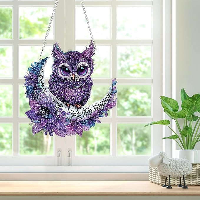 Bowetile Owl Diamond Art Hanging Kits for Adults, 5D Special Shape Diamond Painting Moon Pendant Kits, Gem Art Suncatchers Painting Window Ornament for Home Garden Wall Decor