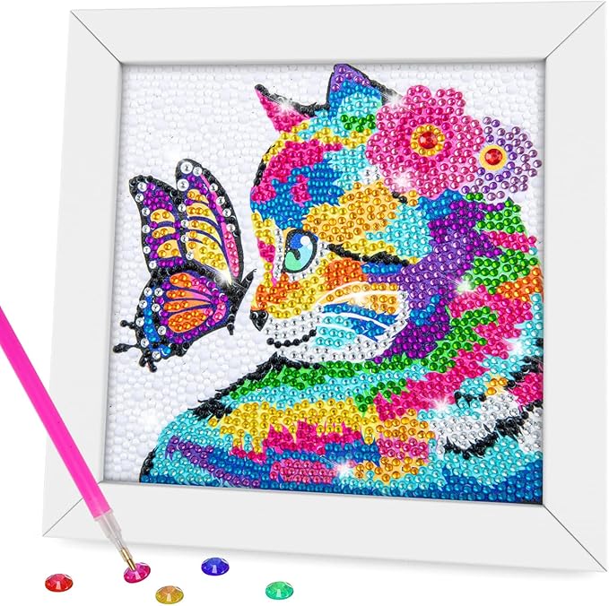 QEUOYSS Diamond Art Kit for Kids with Wooden Frame Art and Crafts for Kids Ages 6-8 -10-12 Easy to DIY Diamond Art for Kid and Adult Beginners Home Wall Decoration (Butterfly cat)
