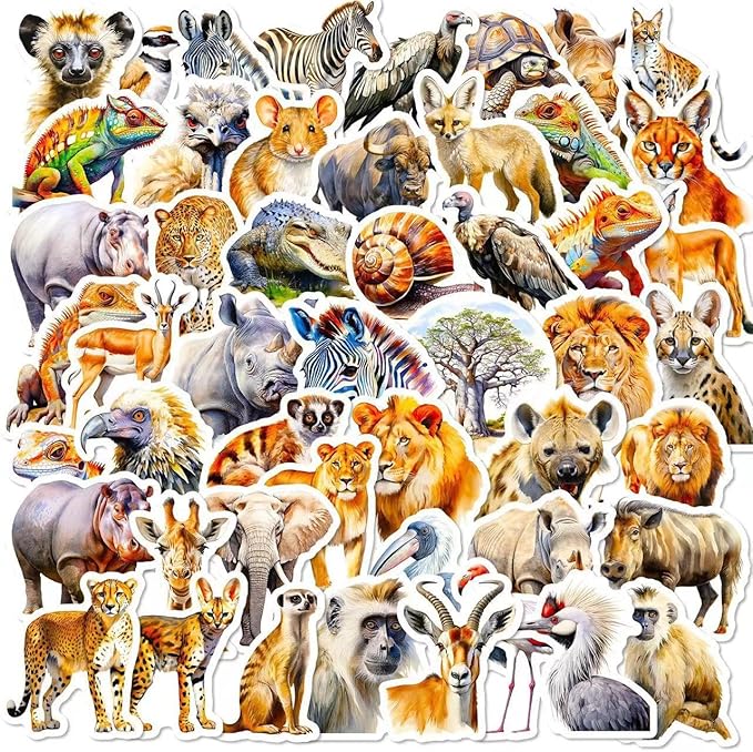 50 pcs cute animal stickers bulk.zoo animal stickers packs for adults teens,girls,wild africa sticker for water bottles laptop, phone etc