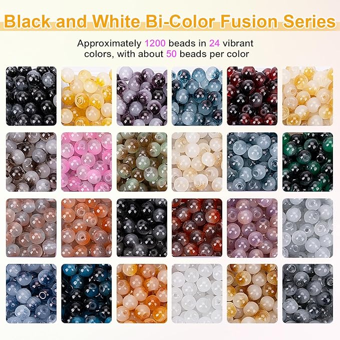 XSEINO About 1200+ pcs 6mm Glass Beads Bracelet Making Kit, 24 Assorted Black and White Bi-Color Fusion Series Crystal Beads for Jewelry Making, DIY Crafts, Friendship Bracelets