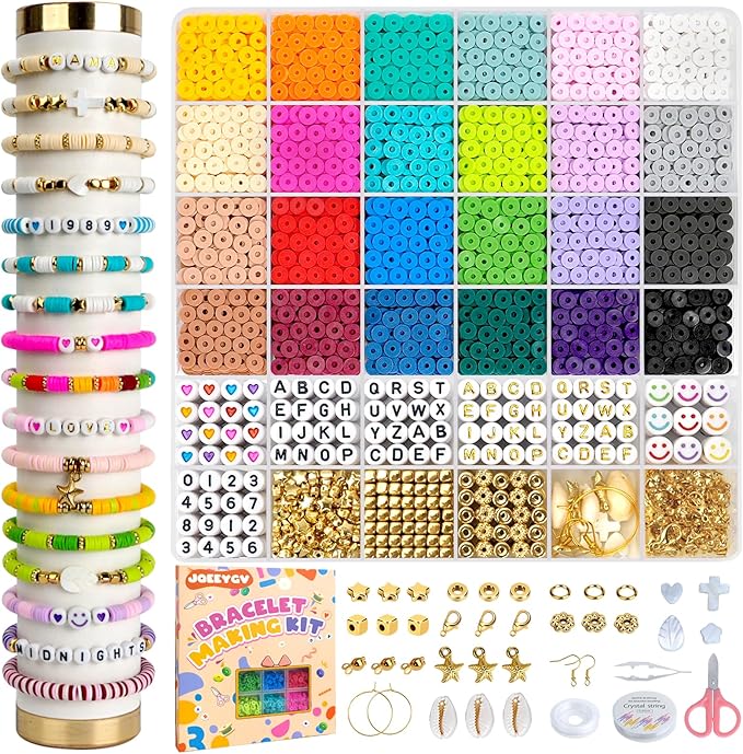 JQEEYGV 5500pcs Clay Beads Bracelet Making Kit 24 Colors Flat Preppy Beads for Friendship Bracelet kit with Letter Beads Jewelry Making Set for Beginners Gifts for Girls Ages 6-12