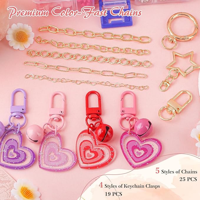 Ecoofor 458 Pcs Keychain Making Kit — Includes 19 Keychain Clips, 25 Extender Chains, 80 Charms, Beading Accessories, Jewelry Pliers — DIY Bag Charms & Jewelry Craft Kit Supplies