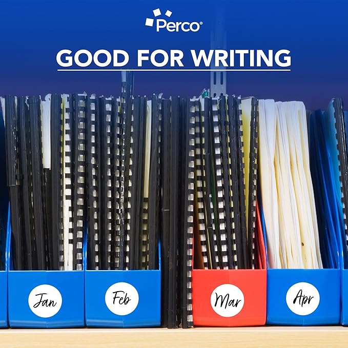 perco white 2-inch perforated circle dot sticker labels — 250 round stickers per roll — with permanent adhesive for organizing, color coding, bin labeling, packaging alerts — made in usa