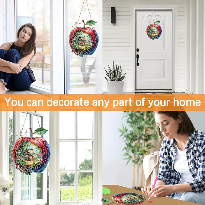 Ginfonr Diamond Painting Kits Hanging Pendant, Apple Diamond Art Kits for Adults, Special Shaped Rhinestone Magic House Diamond Art, Double Sided Home Hanging Kits for Garden Wall Window 8 x 8 inch