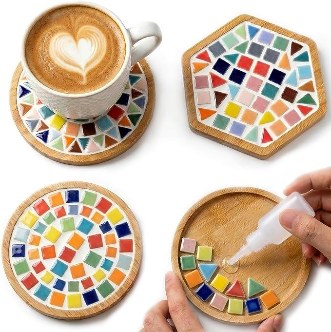 Nuyoach DIY Mosaic Coaster Kits for Adults Craft,2 Sets Ceramic Arts and Crafts Tile Kit with Wooden Coasters,Glass Mosaic Adult Craft Kits for Women Seniors Handmade Gifts Home Decor