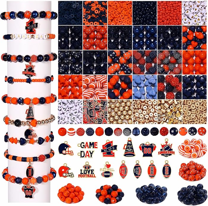 2200PCS+ Game Day Beads Charms for Bracelet Making Polymer Clay Beads Crystal Pearl Letter Gold Spacer Beads Football Charms for Game Day Bracelet Necklace Making DIY Crafts