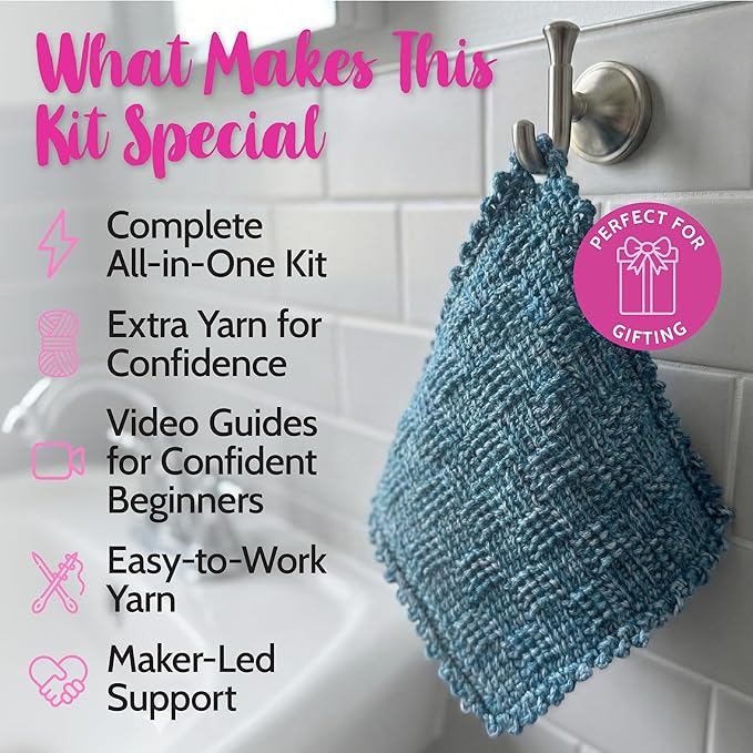 KnitPal Everyday Joy Tunisian Crochet Dishcloth Kit for Confident Beginners – Make 4 Reusable Dishcloths – Cotton Yarn, Tunisian Crochet Hook, 2 Patterns & Video Tutorials (Jean Blue + Sky Blue)
