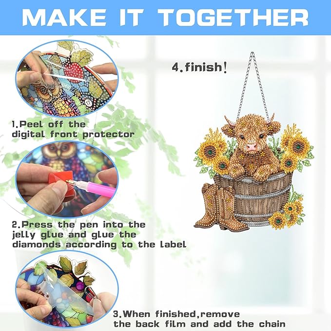 VAIIEYO Cow Diamond Art Hanging Ornament, Sunflower Diamond Painting Suncatchers Window Hanging Kit with Chain, 7.5x7.5 inch Crystal Pendant Art Craft for Gift Home Wall Front Door Decoration