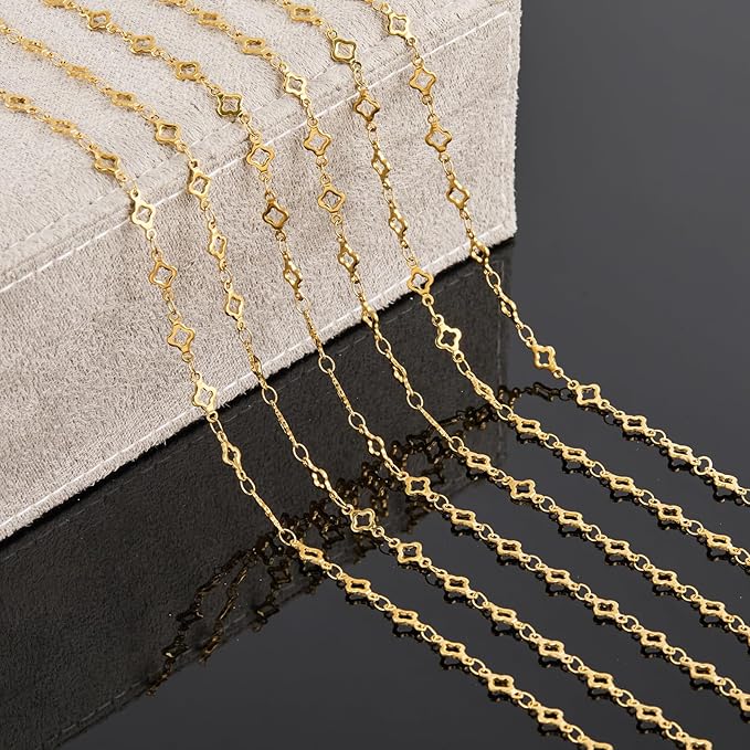 YOUBEIYEE 13 Feet Four Leaf Clover Chains for Jewelry Making Gold Plated Stainless Steel Chains Bulk on Spool