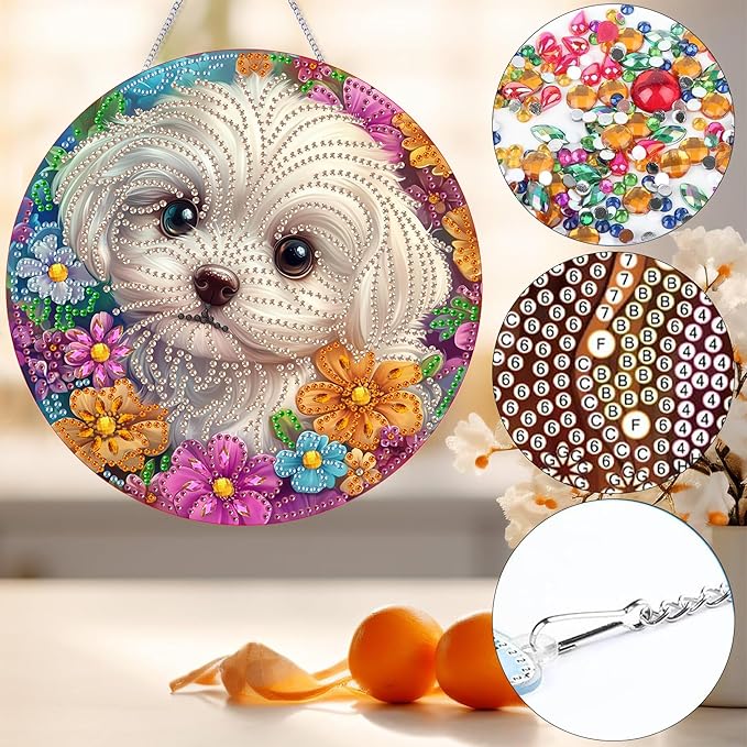 Bimkole Dog Diamond Art Hanging Kit for Adult, DIY 5D Diamond Art Pet Animal Window Pendant, Acrylic Crystal Art Hanging Ornament Home Wall Garden Front Door Sign Outdoor Decor 7.8x7.8 Inch