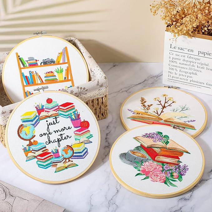 Unittype 4 Set Embroidery Kit for Beginners Adults Book Lovers Funny Cross Stitch Embroidery Kit with Bamboo Hoops Needles Threads Instructions Needle Threader(Classic)